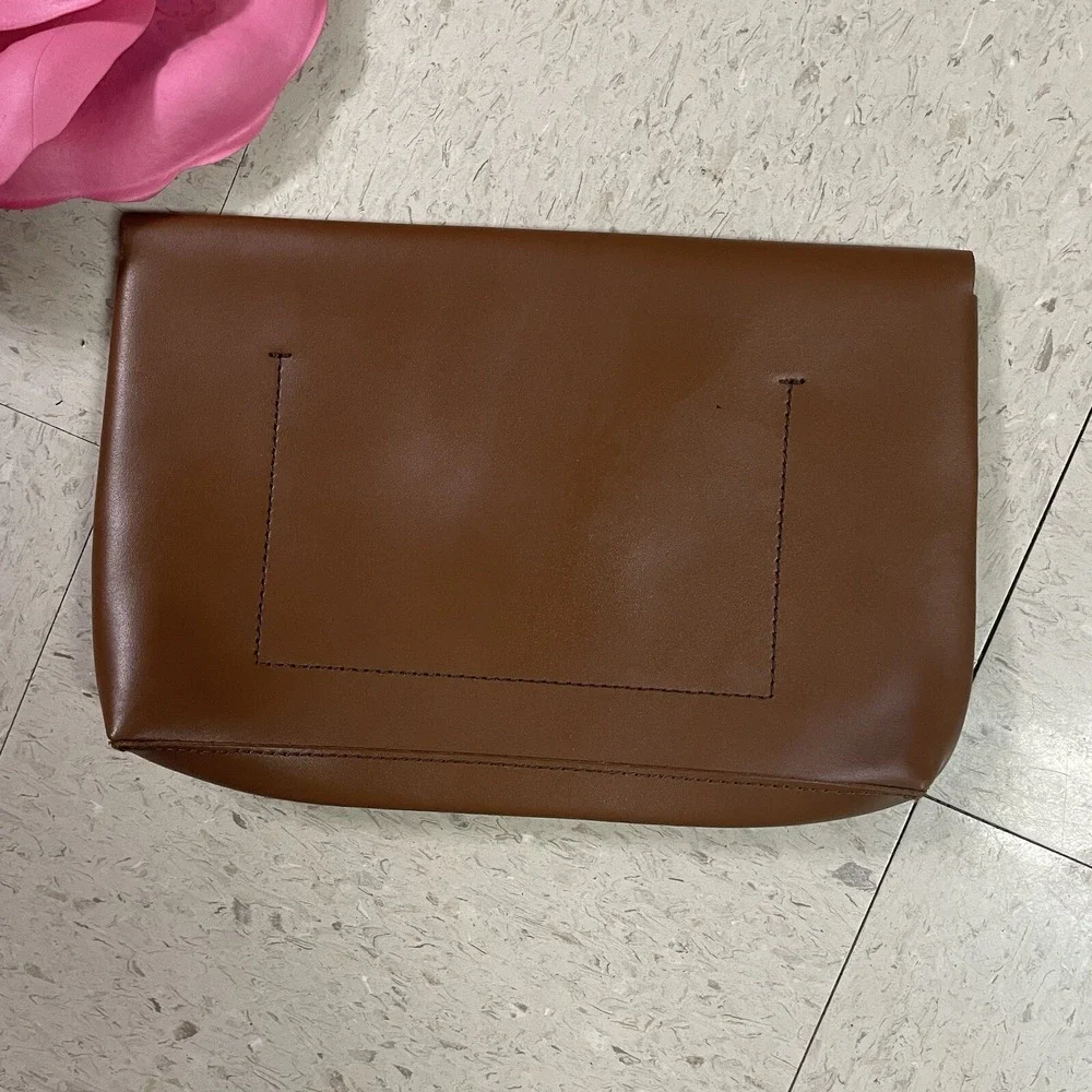 J CREW Brown Smooth‎ Leather Structured Flap Closure Envelope Clutch Monogrammed